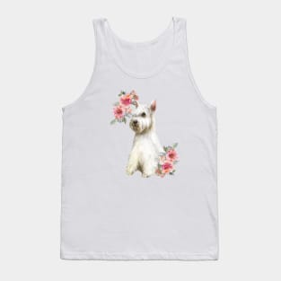 Cute White Schnauzer with Flowers Watercolor Art Tank Top